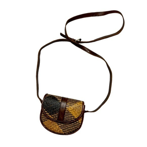 Leather & Rattan structured crossbody bag with adjustable strap &‎ magnetic snap